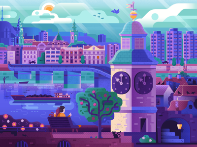 City above the Danube city illustration hungurian flat design river petrovaradin clock tower cityscape skyline danube city serbian town serbia illustration novi sad